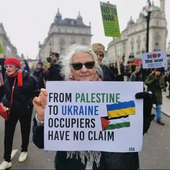Femme aux cheveux blancs lors d’une manifestation tenant une pancarte indiquant : « De la Palestine à l’Ukraine, les occupants n’ont aucun droit. »  L'impression est en noir, vert et bleu sur carton blanc.  Les drapeaux palestinien et ukrainien bordent l’écriture du côté droit.